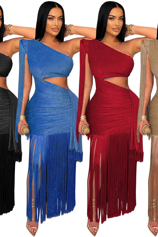 Fashionable Womens Sexy Casual One-Shoulder Tassel Dress - DanaFashionstore