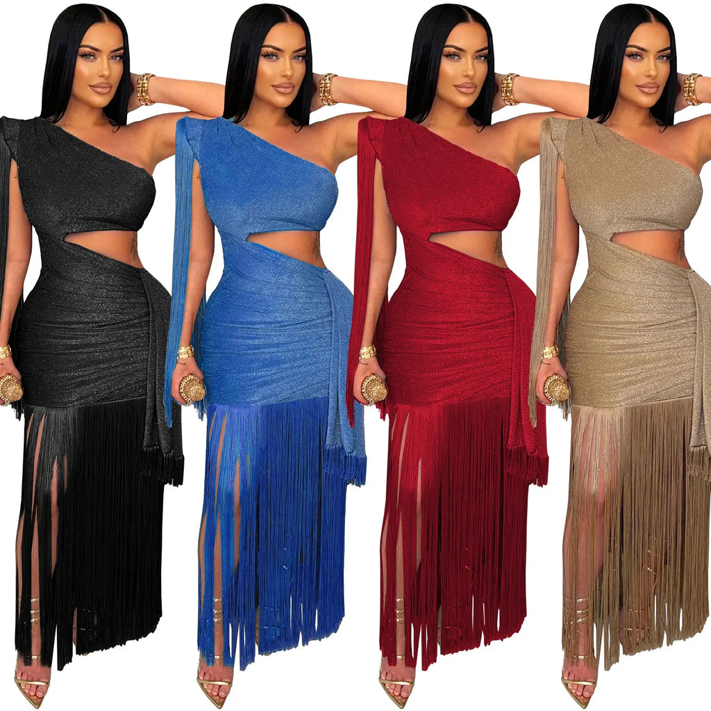 Fashionable Womens Sexy Casual One-Shoulder Tassel Dress - DanaFashionstore