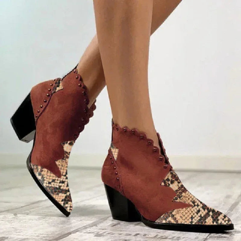 Block-heel rivet color-block snake print ankle boots - DanaFashionstore
