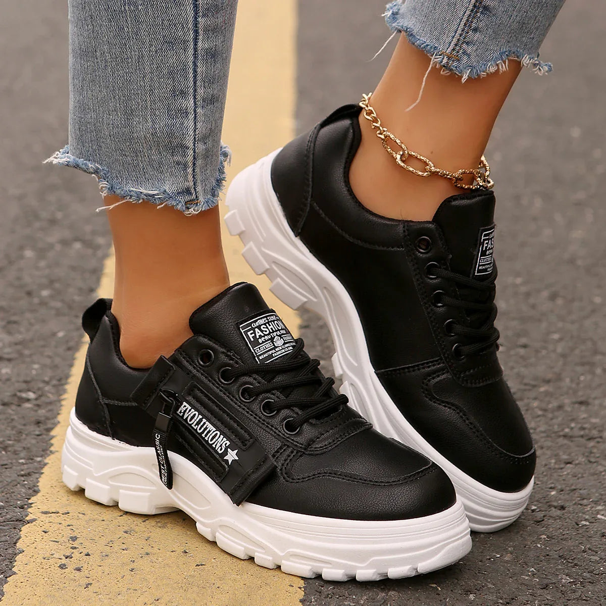 Lace-up Sports Shoes With Side-Zipper Design Fashion Thick-soled Round-toe Casual Shoes For Women Sneakers - DanaFashionstore