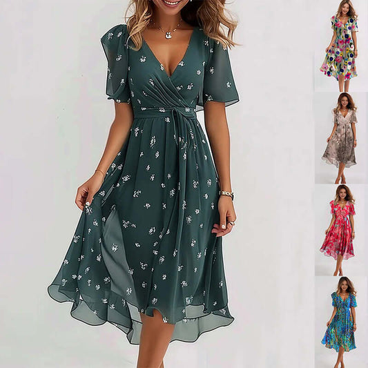 Chiffon Printed Short Sleeve Dress Summer Elegant V-neck Dresses Womens Clothing $50.34 Dana Fashion Color: Aqua blue Size: L Women's clothing Overview: Unique design, stylish and beautiful. Good material, comfortable wear. A variety of colors, any choice