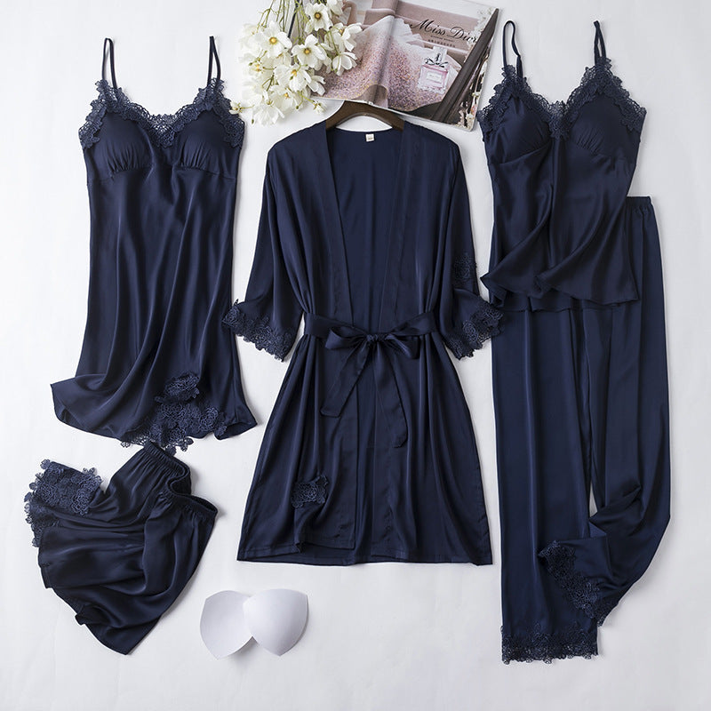 Ice Silk Sexy Slip Nightdress Silk Satin Nightgown With Chest Pad Five-piece Suit Homewear - Dana Fashion