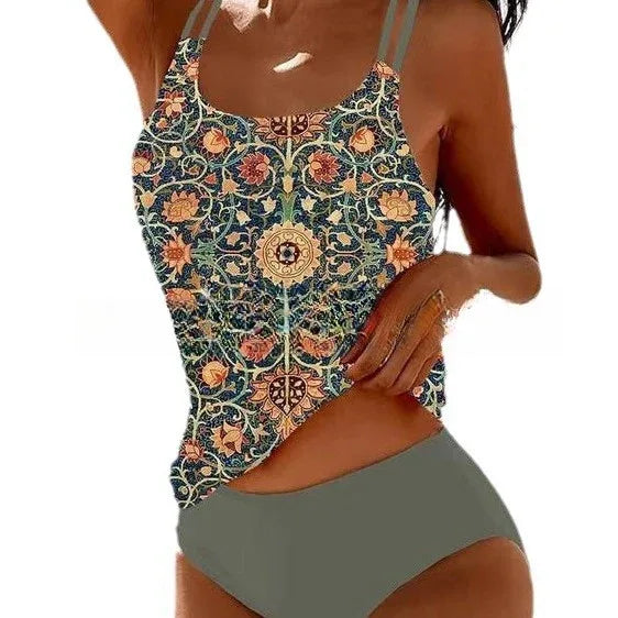 Retro Split High Waist Bikini Beach Print Strap Swimsuit - DanaFashionstore