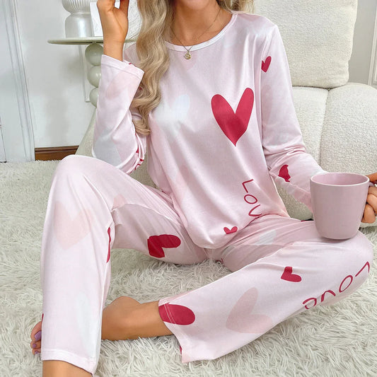 Love Print Long Sleeve Pants Simple Two-piece Set - DanaFashionstore