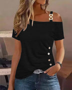 Simplicity Short-sleeved Metal Buckle Printed Top T-shirt - DanaFashionstore