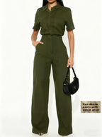 Workwear-style Short-sleeved Lapel Jumpsuit With Wide Legs - DanaFashionstore