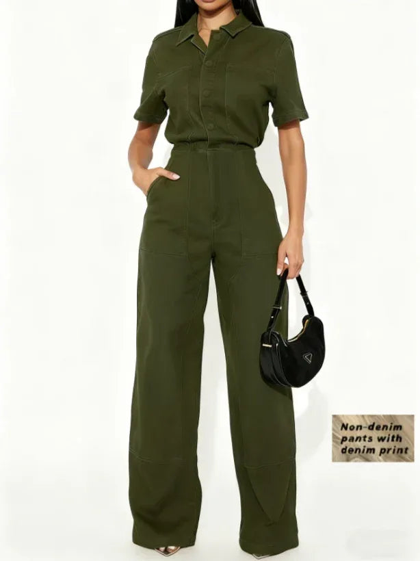 Workwear-style Short-sleeved Lapel Jumpsuit With Wide Legs - DanaFashionstore