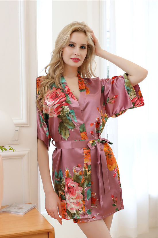 Hand-painted peony simulation silk nightgown - Dana Fashion