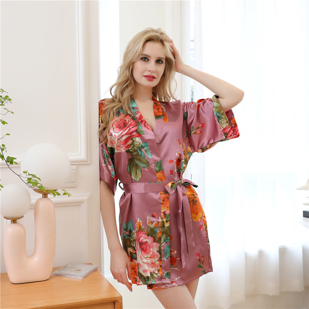 Hand-painted peony simulation silk nightgown - Dana Fashion