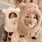 Cute Bear Plush Hat Winter Warm Thickened Scarf With Mask Anf Drawstring Design - DanaFashionstore