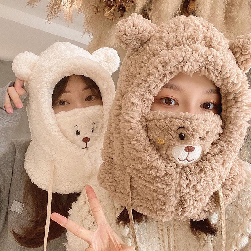 Cute Bear Plush Hat Winter Warm Thickened Scarf With Mask Anf Drawstring Design - DanaFashionstore