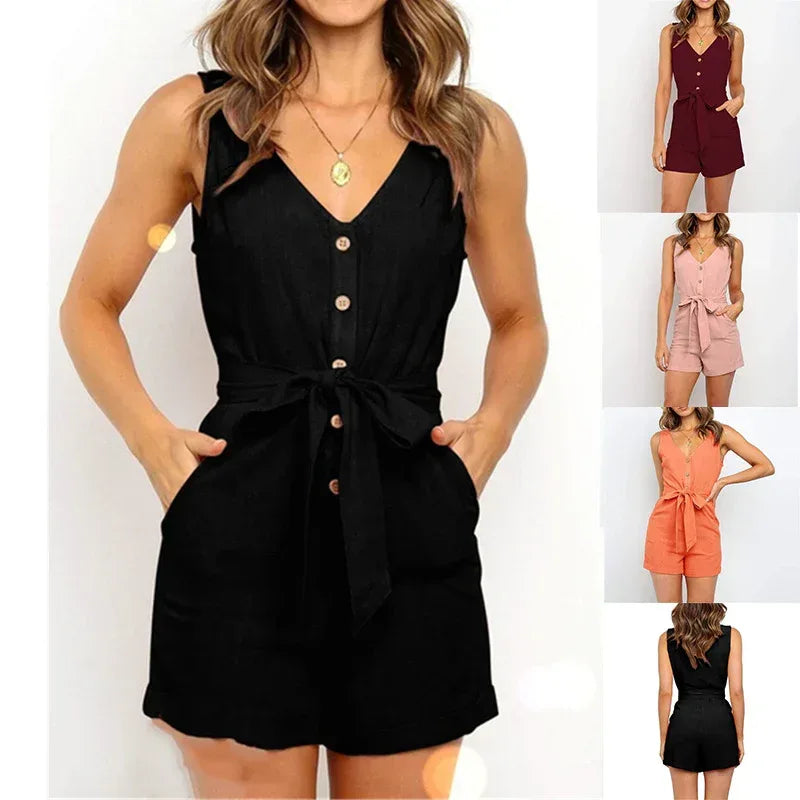 V-Neck Strapless Jumpsuit 2026 - Button Belt Casual Jumpsuit - DanaFashionstore