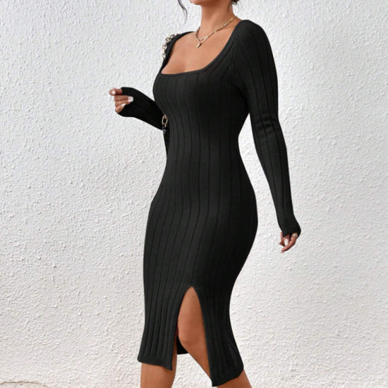 Square Collar Long Sleeve Knitted Dress Women