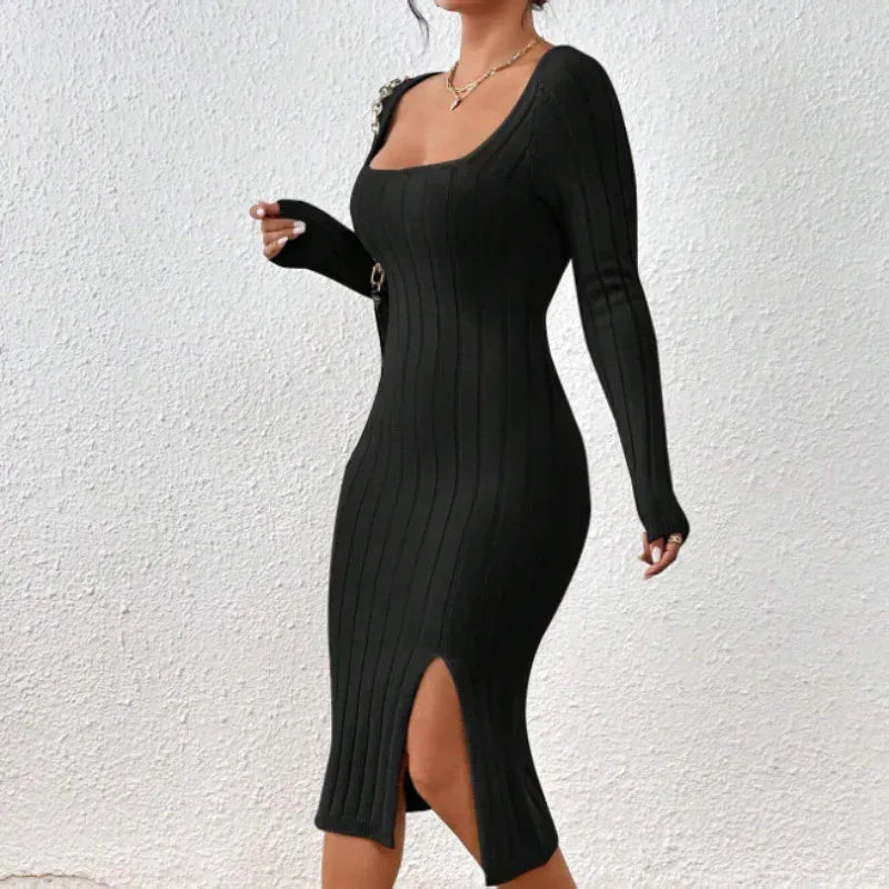Square Collar Knitted Dress Women 2026 - Long Sleeve Geometric Dress - DanaFashionstore