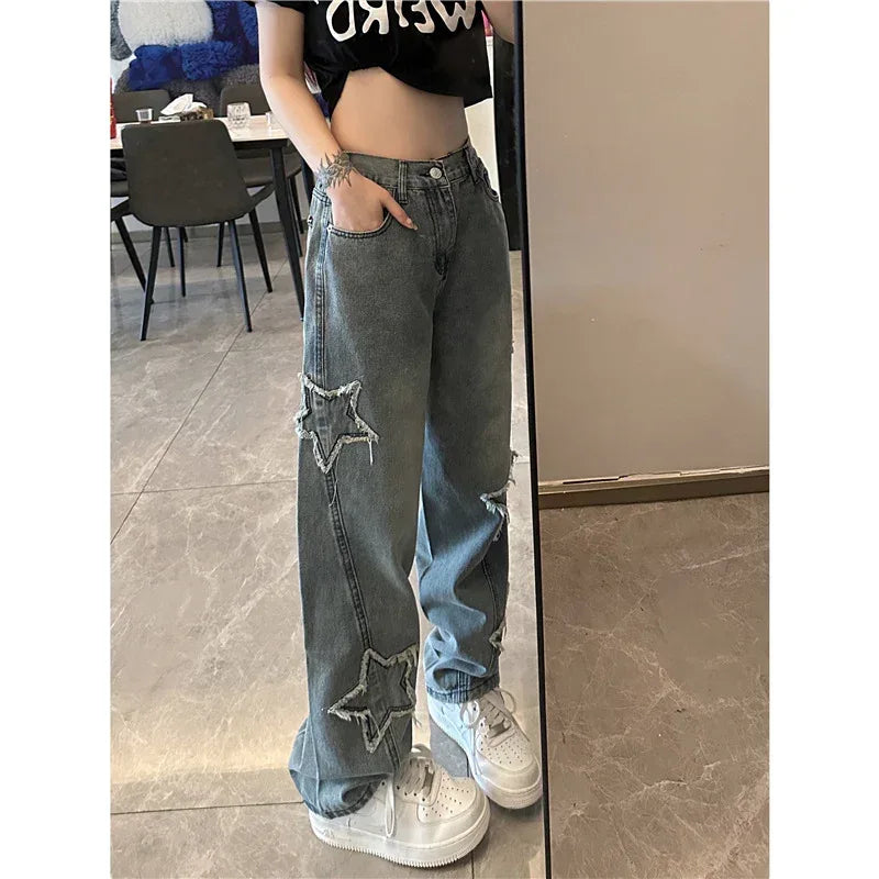 Blue XINGX Embroidered Jeans Women Loose Straight-leg Wide-leg Pants - DanaFashionstore