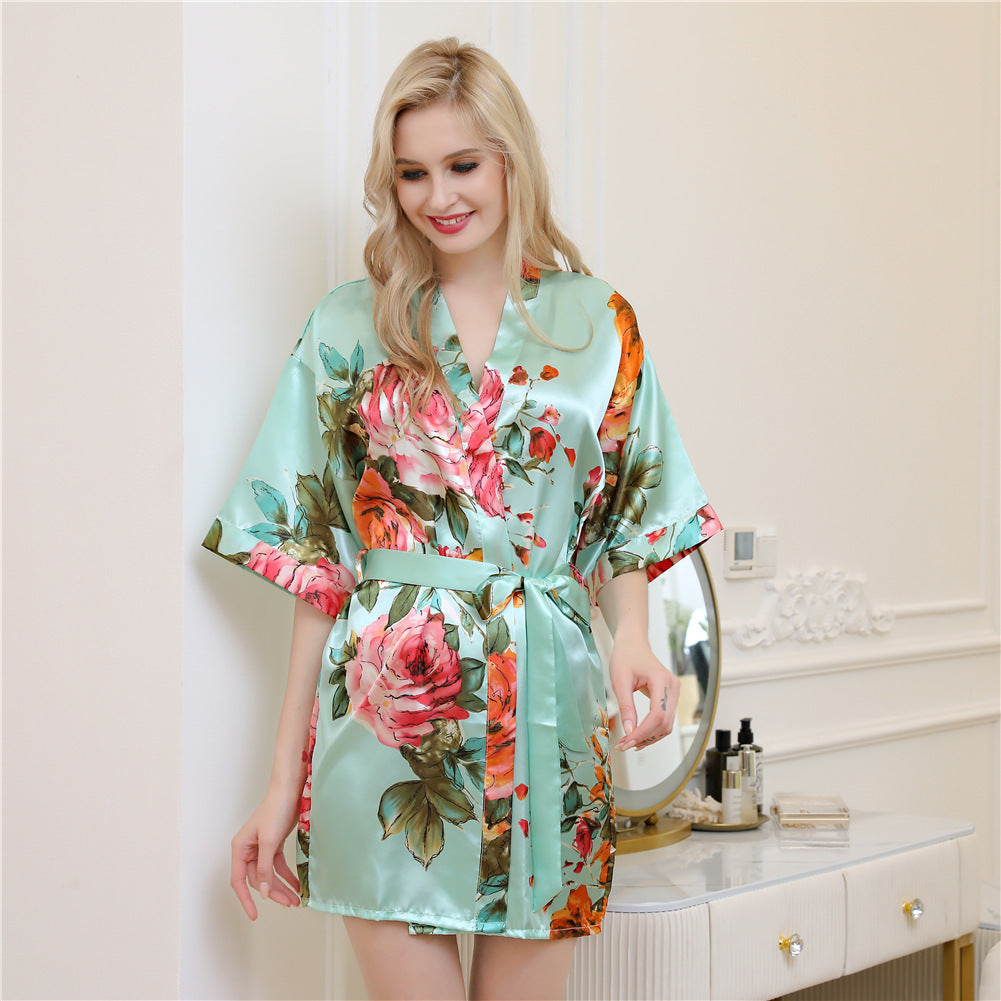 Hand-painted peony simulation silk nightgown - Dana Fashion
