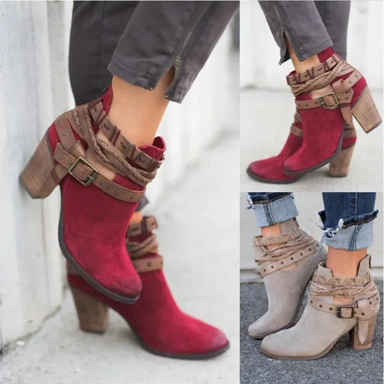 High-heeled Martin boots rivet belt buckle thick with round head boots - DanaFashionstore