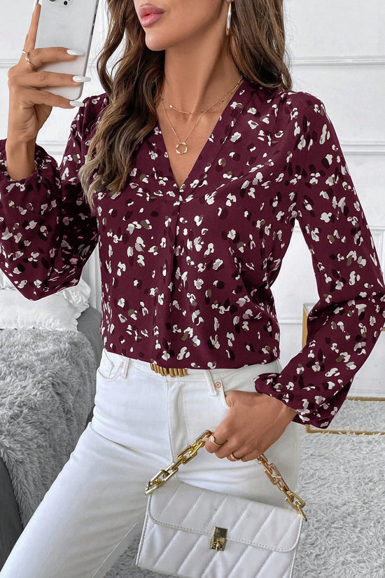 Women's V-Neck All-Over Print Elegant Long Sleeve Blouse,Long Sleeve Tops