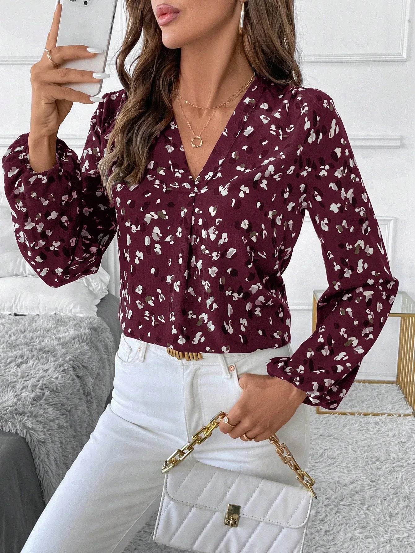 Women's V-Neck All-Over Print Elegant Long Sleeve Blouse,Long Sleeve Tops - DanaFashionstore