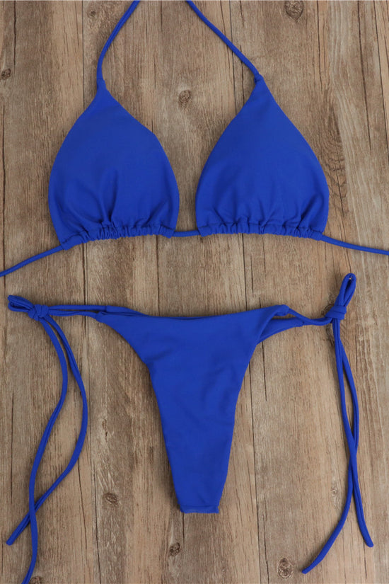 2pcs Halterneck Lace-up Bikini Women Summer Solid Color Sexy Split Strap Adjustable Swimsuit Suit