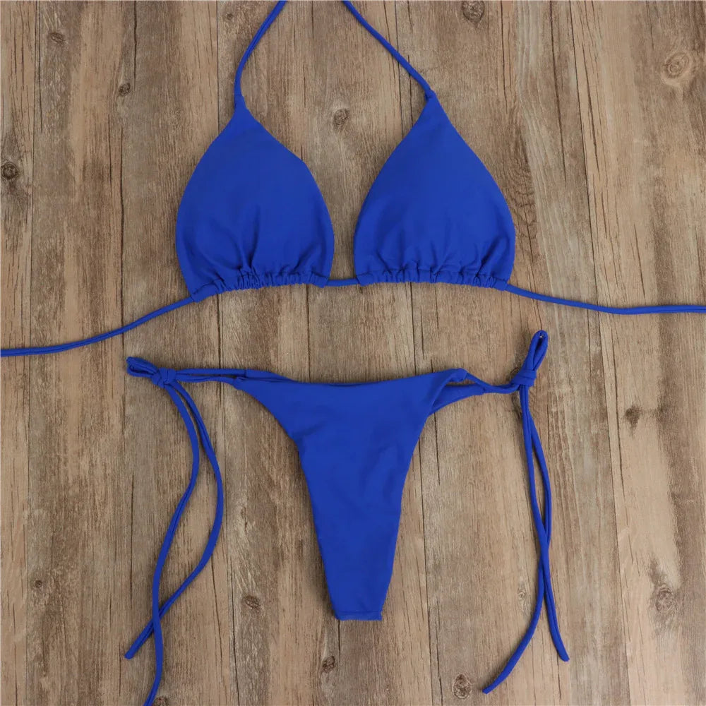 2pcs Halterneck Lace-up Bikini Women Summer Solid Color Sexy Split Strap Adjustable Swimsuit Suit - DanaFashionstore