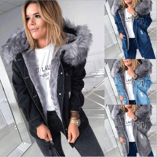 Fur Collar Denim Stitching Jacket Plus Velvet Padded Coat Slim Fit