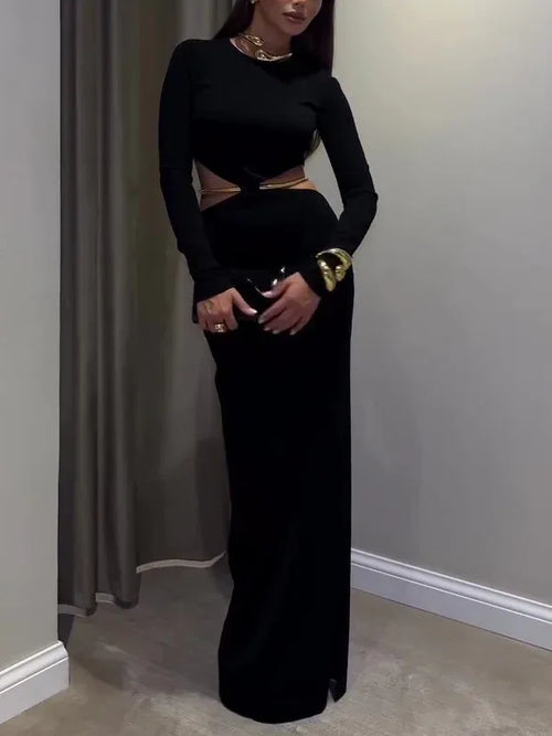Black Cutout Waist Maxi Dress 2026 - Long-Sleeve Evening Dress - DanaFashionstore