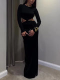Black Cutout Waist Maxi Dress 2026 - Long-Sleeve Evening Dress - DanaFashionstore