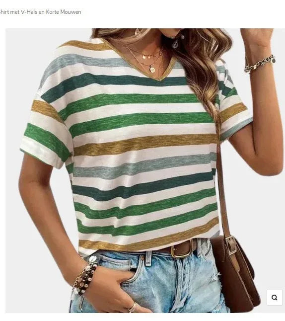 Casual Top Fashion Trend Stripes Short Sleeve Women V-neck - DanaFashionstore