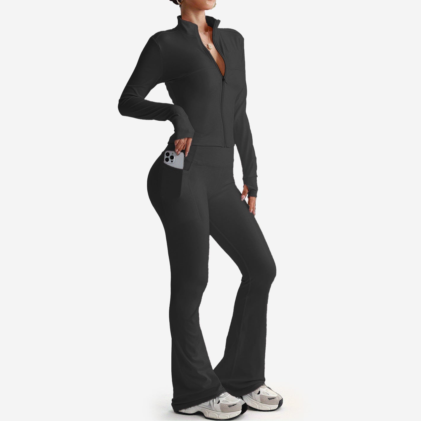 Stand Collar Long-sleeve Zipper Jacket High Waist Pocket Wide Leg Pants Suit