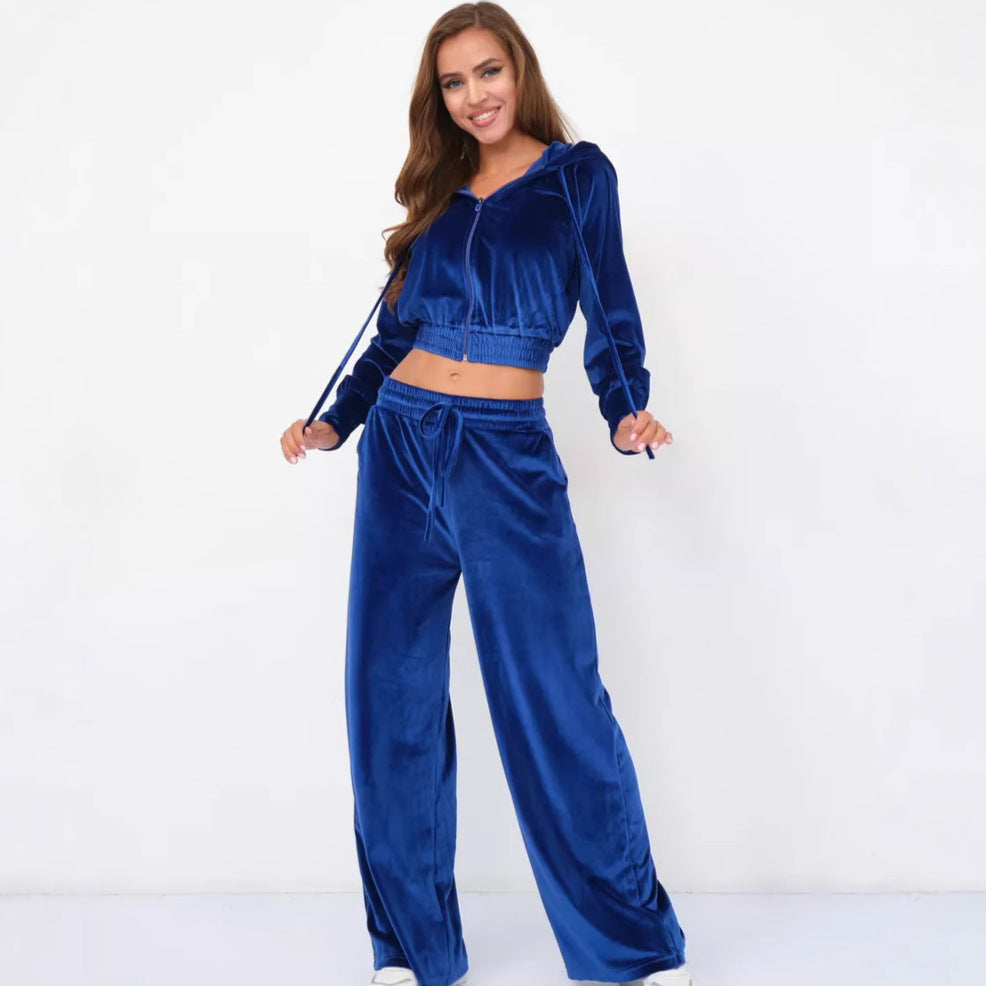 Women's European And American Fashion Casual Solid Color Zipper Cardigan Trousers Suit