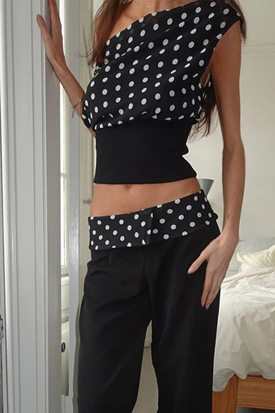Polka Dots Print Oblique Shoulder Tops Summer Patchwork Chiffon Crop Top Women Sexy Sleeveless Lace Up Backless Blouse Casual Streetwear Tee