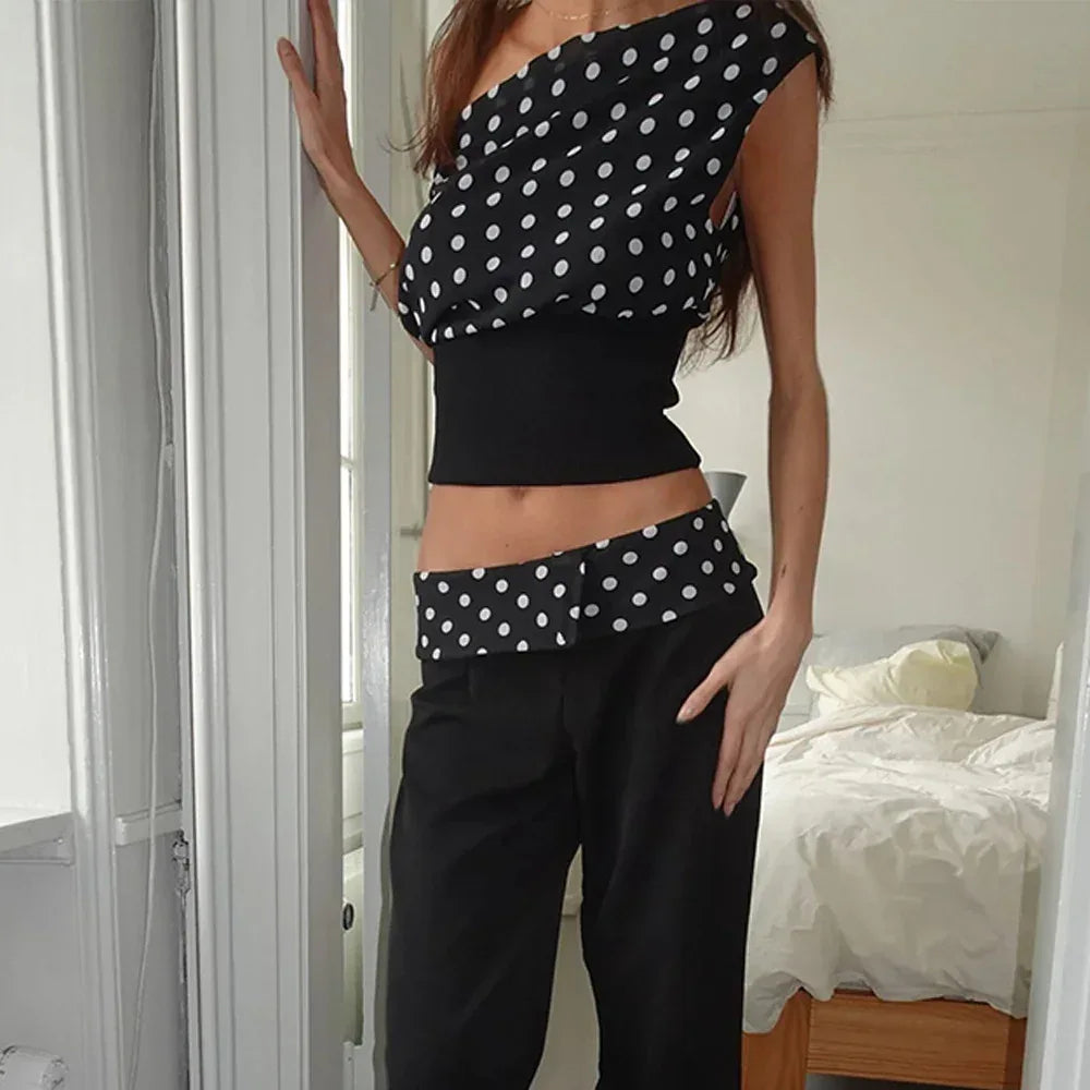 Polka Dots Print Oblique Shoulder Tops Summer Patchwork Chiffon Crop Top Women Sexy Sleeveless Lace Up Backless Blouse Casual Streetwear Tee - DanaFashionstore