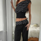 Polka Dots Print Oblique Shoulder Tops Summer Patchwork Chiffon Crop Top Women Sexy Sleeveless Lace Up Backless Blouse Casual Streetwear Tee - DanaFashionstore