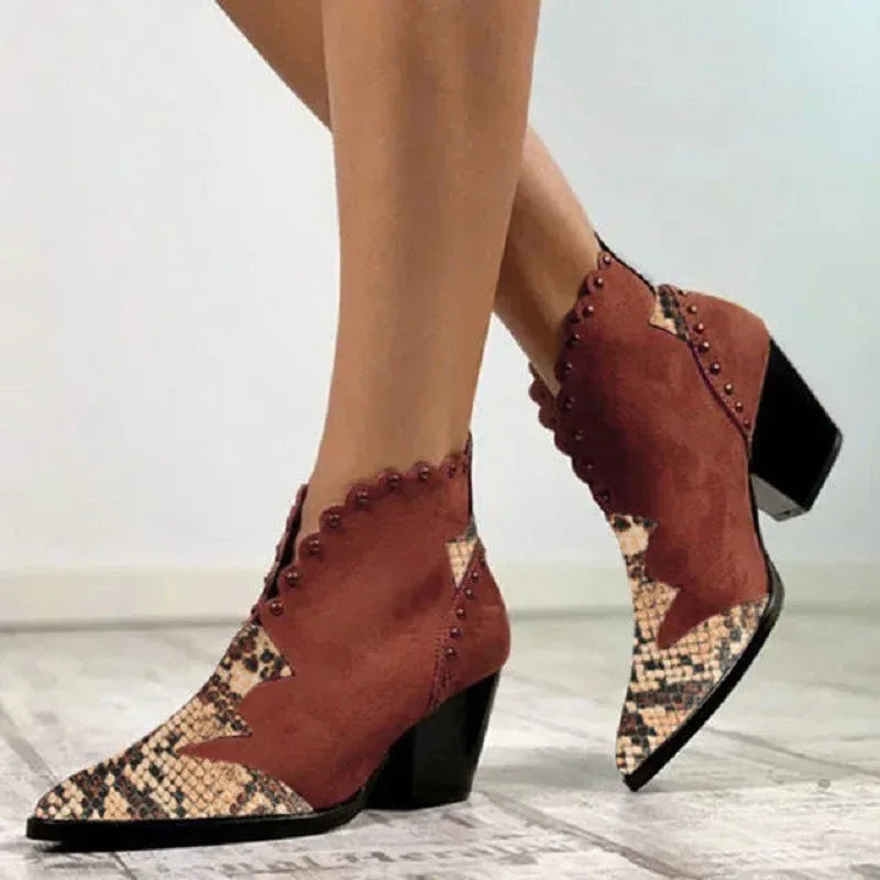 Block-heel rivet color-block snake print ankle boots - DanaFashionstore