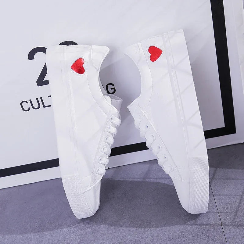 Fashion New Woman PU Leather Shoes Ladies Breathable Cute Heart Flats Casual Shoes White Sneakers - DanaFashionstore