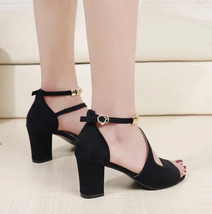 High-heeled suede sandals with buckled chunks with fish mouth sandals - DanaFashionstore