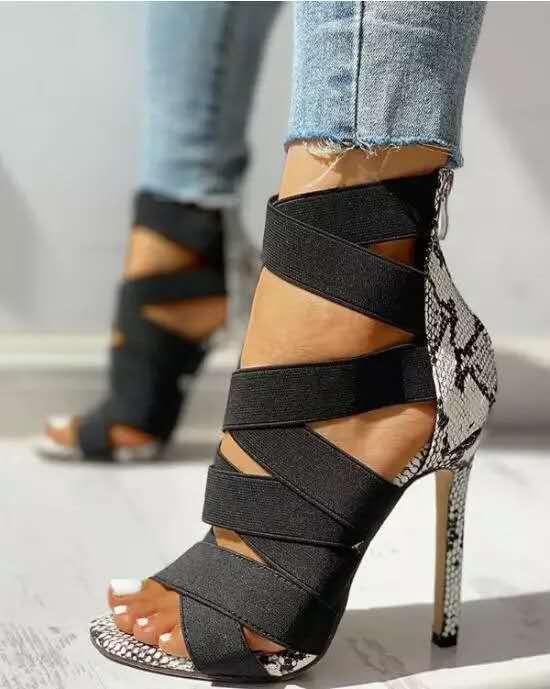 High heels with cross ties snake pattern thin High Heels Sandals - DanaFashionstore
