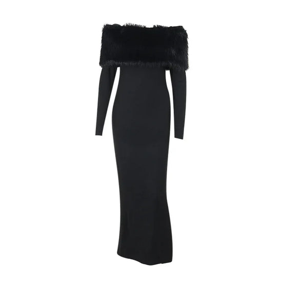 Off-shoulder Fur Collar Slim Fit Dress Women - DanaFashionstore