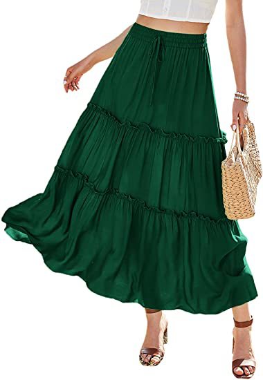 Women's Elastic High Waist A-Line Pleated Casual Maxi Dress