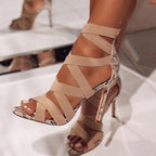 High heels with cross ties snake pattern thin High Heels Sandals - DanaFashionstore