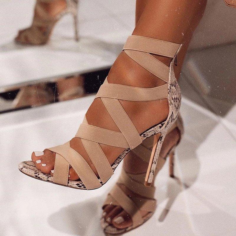 High heels with cross ties snake pattern thin High Heels Sandals - DanaFashionstore