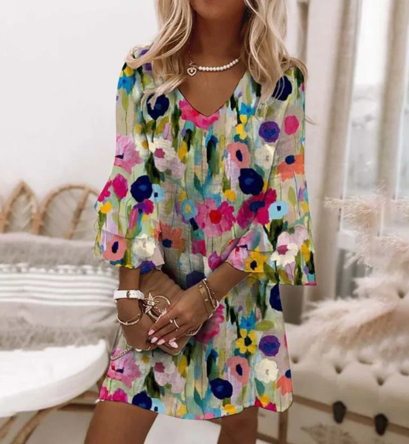 3D Digital Printed V-neck Sleeveless Dress