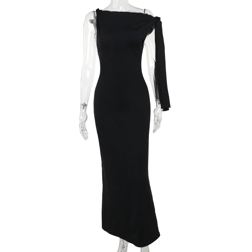 One-shoulder Ribbon Long Dress Ins Fashion Slim Sleeveless Dresses For Evening Party Club Clothing Women - DanaFashionstore