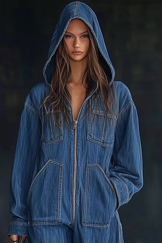 European And American Hooded Overall Jeans Women
