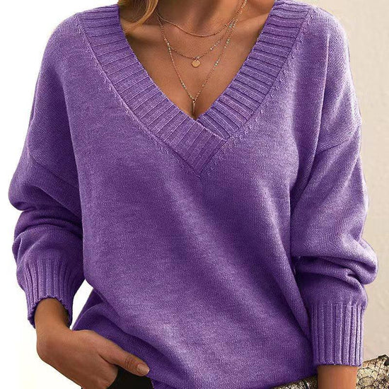 Solid V-neck Sweater Fashion Loose Long-sleeved Knitted Tops Autumn And Winter Women's Clothing - DanaFashionstore