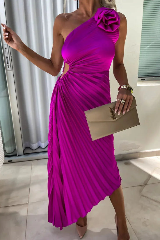Ins Pleated One-shoulder Dress With Big Rose Flower Fashionable Sexy Evening Party Club Asymmetrical Dress - DanaFashionstore