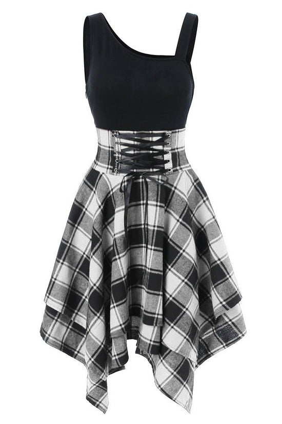 Fashion Plaid Suspender Elastic Waist Irregular Plaid Dress