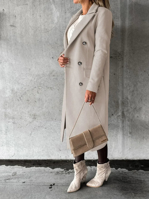 Double Breasted Lapel Coat Winter Fashion Solid Slim Long Jacket Long Sleeve Tops Womens Clothing - DanaFashionstore