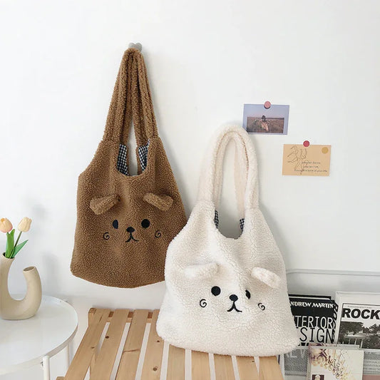 Lamb Wool Large Capacity Plush Embroidery Shopping Bag - DanaFashionstore